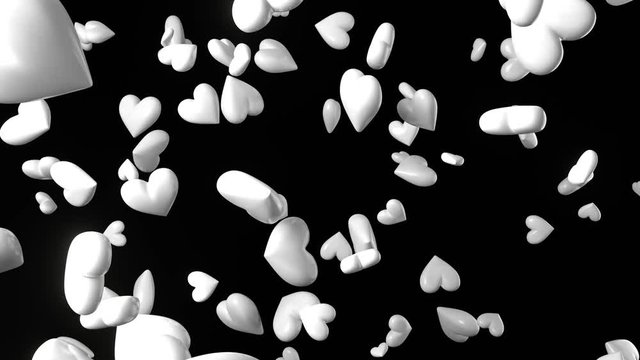 Falling white heart objects in black background. Cute heart-shape abstract animation.