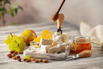 Cheese Brie and Dorblu or Gorgonzola on a board with grapes and honey. Italian food antipasti