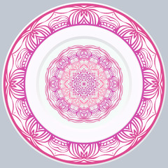 decorative plates for interior design. Empty dish, porcelain plate mock up design. Vector illustration. Decorative plates with Mandala ornament patterns. Home decor background