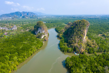 Aerial top view form flying drone of beautiful landscape with mountains, forest beautiful scenery...
