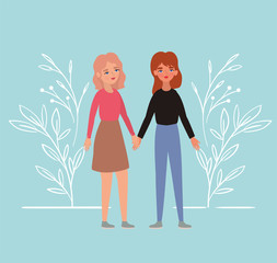 Women holding hands at park and leaves vector design