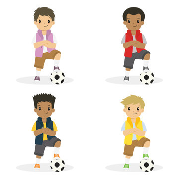 happy boys with arm crossed and left foot on a soccer ball, cartoon vector set.