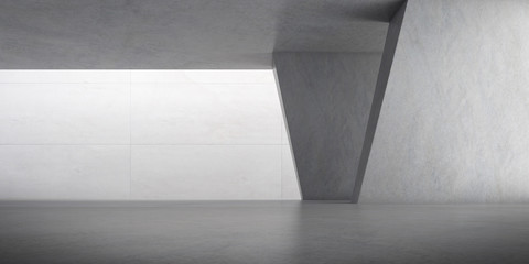 Abstract of concrete space with sun light cast the shadow on the wall ,Geometric structure, Museum space,Perspective of brutalism  architecture,3d rendering.	