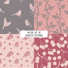 Vector set  seamless  patterns with berries, twigs, birds and leaves. © Ирина Куб