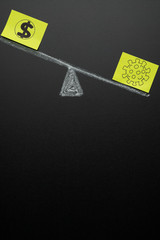 Coronavirus and dollar on the scales drawn on a blackboard. The concept of the economic crisis for the coronavirus and the massive epidemic or pandemic