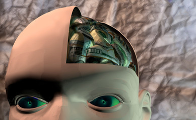 3D rendering. Head of a man in the context of brain ofakturennogo dollar.