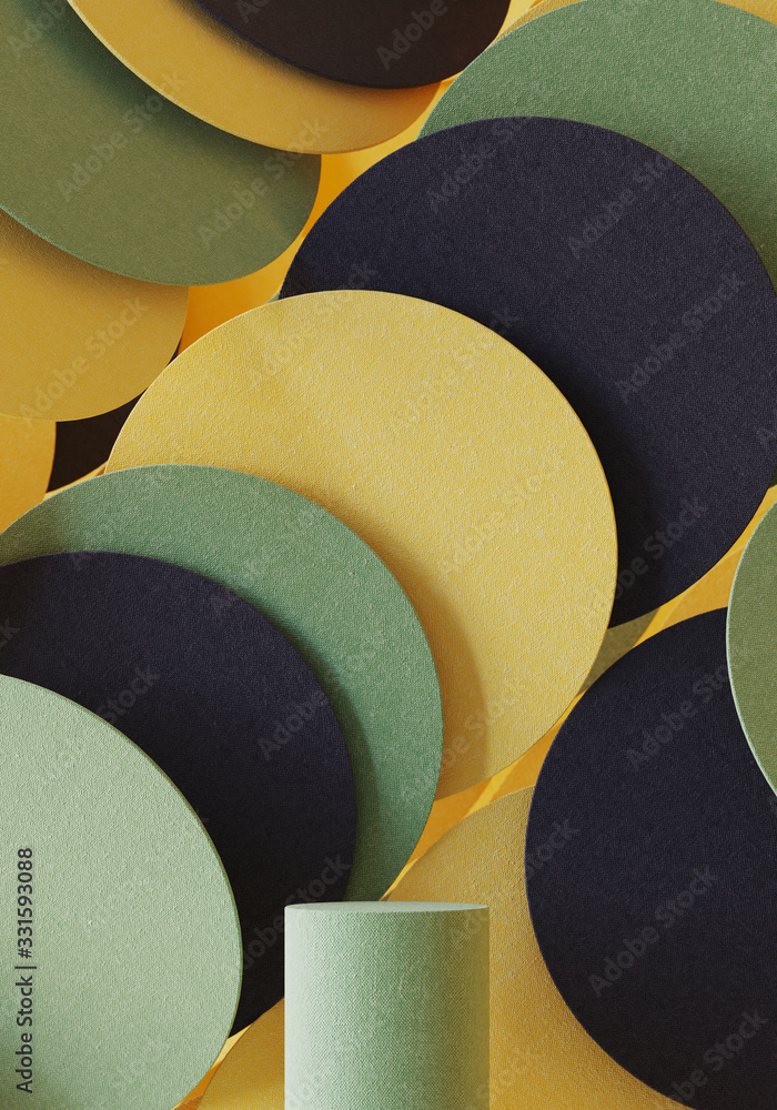 Poster minimal background for branding and product presentation. green podium on colorful fabric geometric 