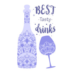 Purple bottle champagne and glass wine. Vector