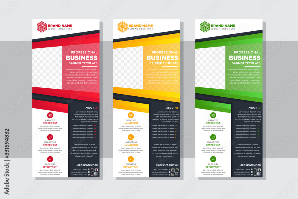 Poster template of vertical layout of roll up banner with rectangle elements for a photo. red, yellow, and 