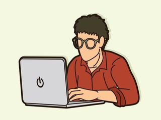 Fototapeta na wymiar Man works on his laptop cartoon graphic vector.