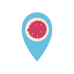 location pin with covid19 virus icon, flat style