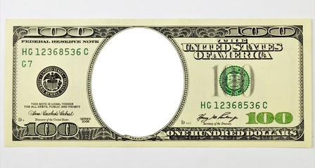 One- hundred-dollar American bill, no portrait, empty frame, letterhead for design.