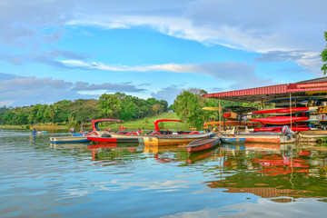 MALACCA, MALAYSIA : 12 Feb 2016 - Boat on the lake with green nature background at Ayer Keroh Lake,...