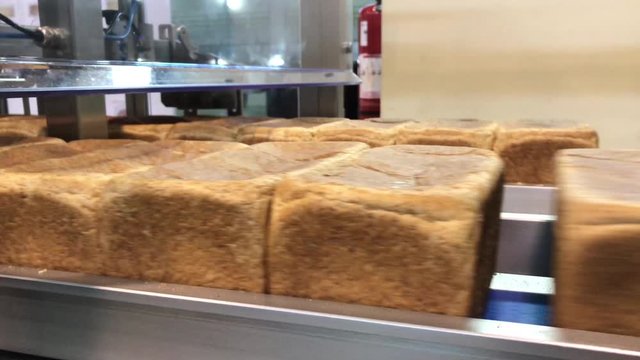 Baked bread production line in a factory.