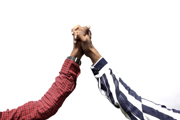 Fototapeta premium Best Friends, Two man holding their hands,Friends do a fist bump close up isolated on white,Cheerful young male friends meeting and greeting with handshake.