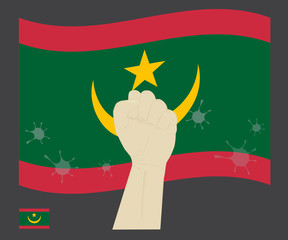 Fist power hand with novel coronavirus or COVID-19 virus stained on the Mauritania National Flag, Fight for mauritanian people concept, sign symbol background, vector illustration.
