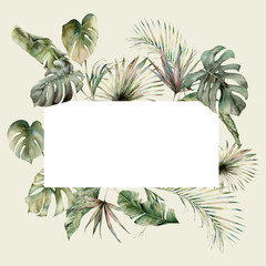 Watercolor tropical border with monstera, banana and coconut leaves. Hand painted exotic leaves isolated on white background. Floral illustration for design, print, fabric or background.