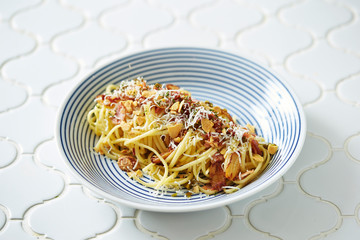 Garlic and bacon spaghetti on plate