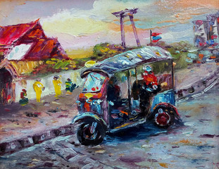 Art Oil painting Fine art Thailand Tuk Tuk  car , Siam Land of Smiles