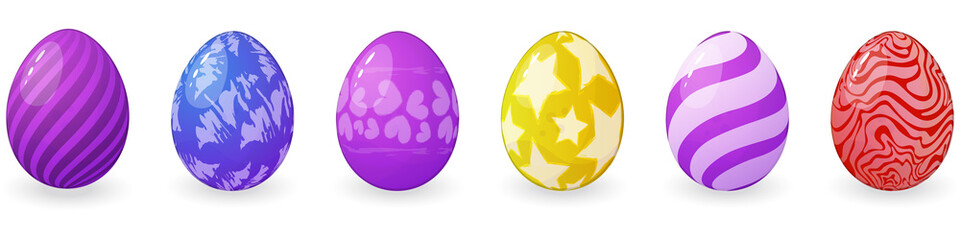 Set of vector colored Easter eggs with different textures isolated on a white background for decoration of Easter cards and greetings. Collection of cartoon eggs of different colors with highlights