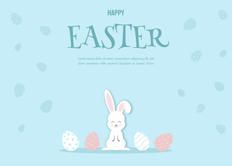 Easter blue card with paper bunny. Easter illustration in cartoon style, shadow, vector. Easter background. Easter bunny with eggs. Vector illustration