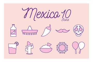 10 Mexican line style icon set vector design