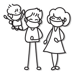 hand drawing cartoon character people in family wear mask protection from Covid-19