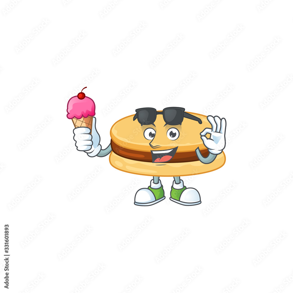 Sticker cartoon character of brown alfajor enjoying an ice cream