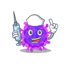 Friendly nurse of alpha coronavirus mascot design holding syringe