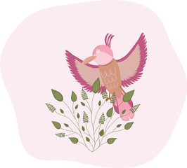 Vector postcard with the image of a bird behind a Bush. Illustration of a cute bird. Cute hand-drawn design for a brochure, invitation card or flyer, postcard