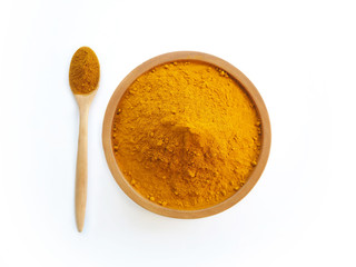 turmeric powder or curcuma longa in wood bowl with spoon use as ingredients cosmetics products and...
