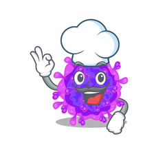 Cute alpha coronavirus cartoon character wearing white chef hat
