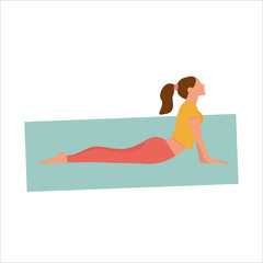 Sports illustration with young girls in a flat style. Healthy lifestyle.The girl on the Mat does yoga, exercises. The design is good for a web vector