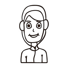 young man listening to music with headphones. white background isolated outline vector illustration