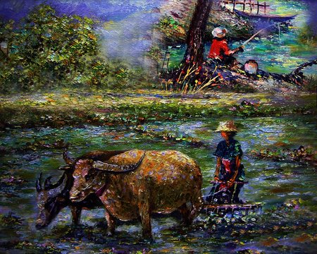 Art painting Oil color Hut northeast Thailand Countryside , Child riding a buffalo , rural thailand , Thailand  life