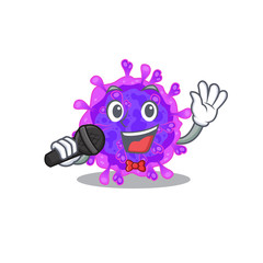 Cute alpha coronavirus sings a song with a microphone