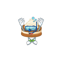 A cartoon design of white cream alfajor trying Diving glasses