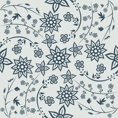 Floral seamless pattern with hand drawn blooming sunflowers and decorative vines in navy blue and light grey for textile design wallpaper background or fabric printing