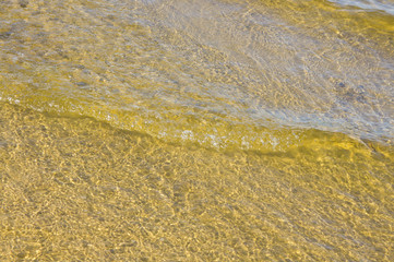 Sandy bottom of a river shot on a sunny spring day. Background for clear water.