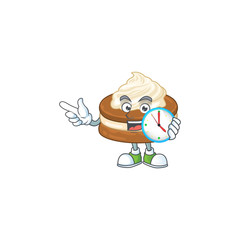 Fototapeta na wymiar cartoon character style of cheerful white cream alfajor with clock