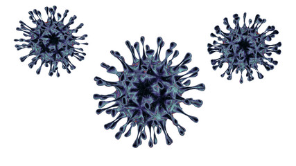 SARS -CoV-2 coronavirus in 3D rendering. A dangerous non- cellular infectious COVID-19 virus that multiplies inside living cells and causes flu epidemics.