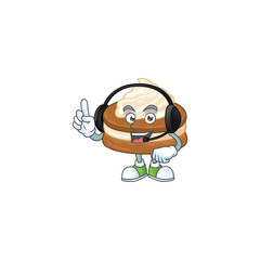 An attractive white cream alfajor mascot character concept wearing headphone