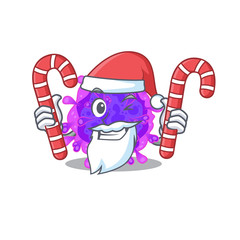 Friendly alpha coronavirus in Santa Cartoon character having candies