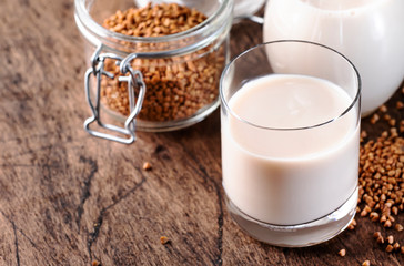 Vegan Buckwheat milk, closeup. Non dairy alternative milk. Healthy vegetarian food and drink...