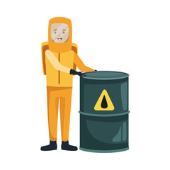 man with biohazard suit and barrel character