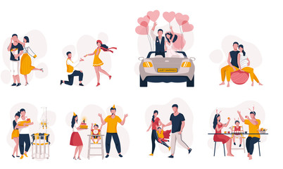 A set of family scenes. The life of a young family in vector illustrations on a white background