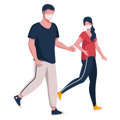 Man and woman go together in medical masks. Vector illustration on white background