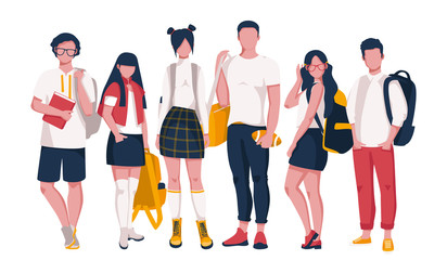 A group of teenagers. Boys and girls standing with backpacks. Stylish young schoolchildren with different shapes. Stylized vector illustration.
