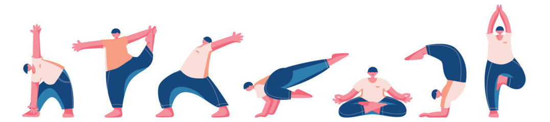 The kit is a man taking different yoga poses. Stylized vector character