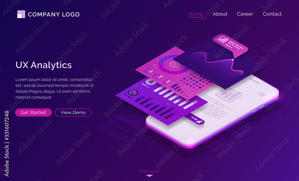 Poster ui ux analytics isometric landing page, mobile phone dashboard graphs and data analysis layout chart